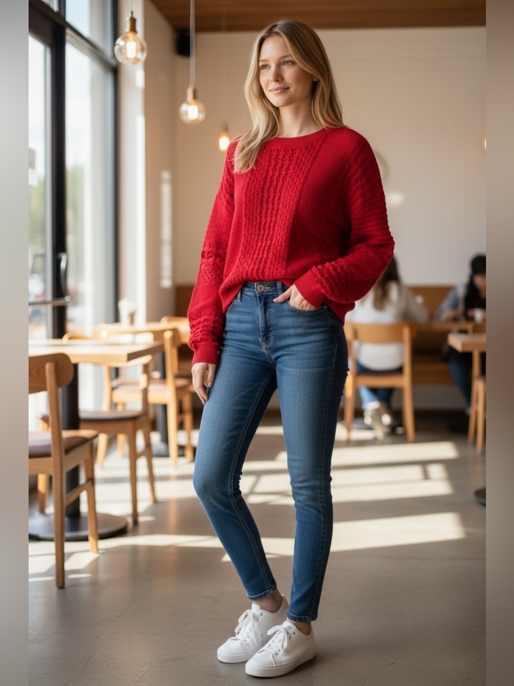 Market & Spruce Kenny Crochet Red Knit Sweater
